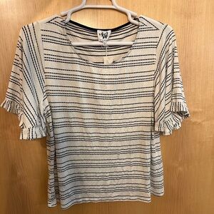 Anthropologie NWT Cream White Stripe Short Sleeve Top Ruffle Sleeves Medium